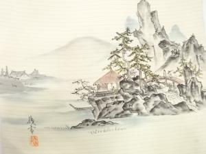 アンティーク　作家物　絽　手描き　山水風景模様名古屋帯